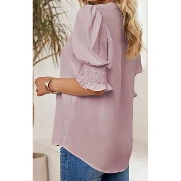 Evaless Summer Casual V Neck Tunic Blouse Ruffle Short Sleeve Pink Size XXL - Picture 3 of 6